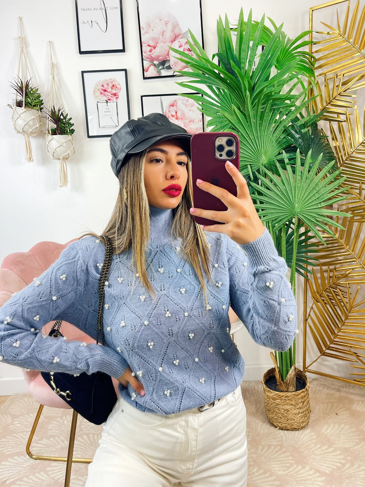 Maglione top quality con perle celeste