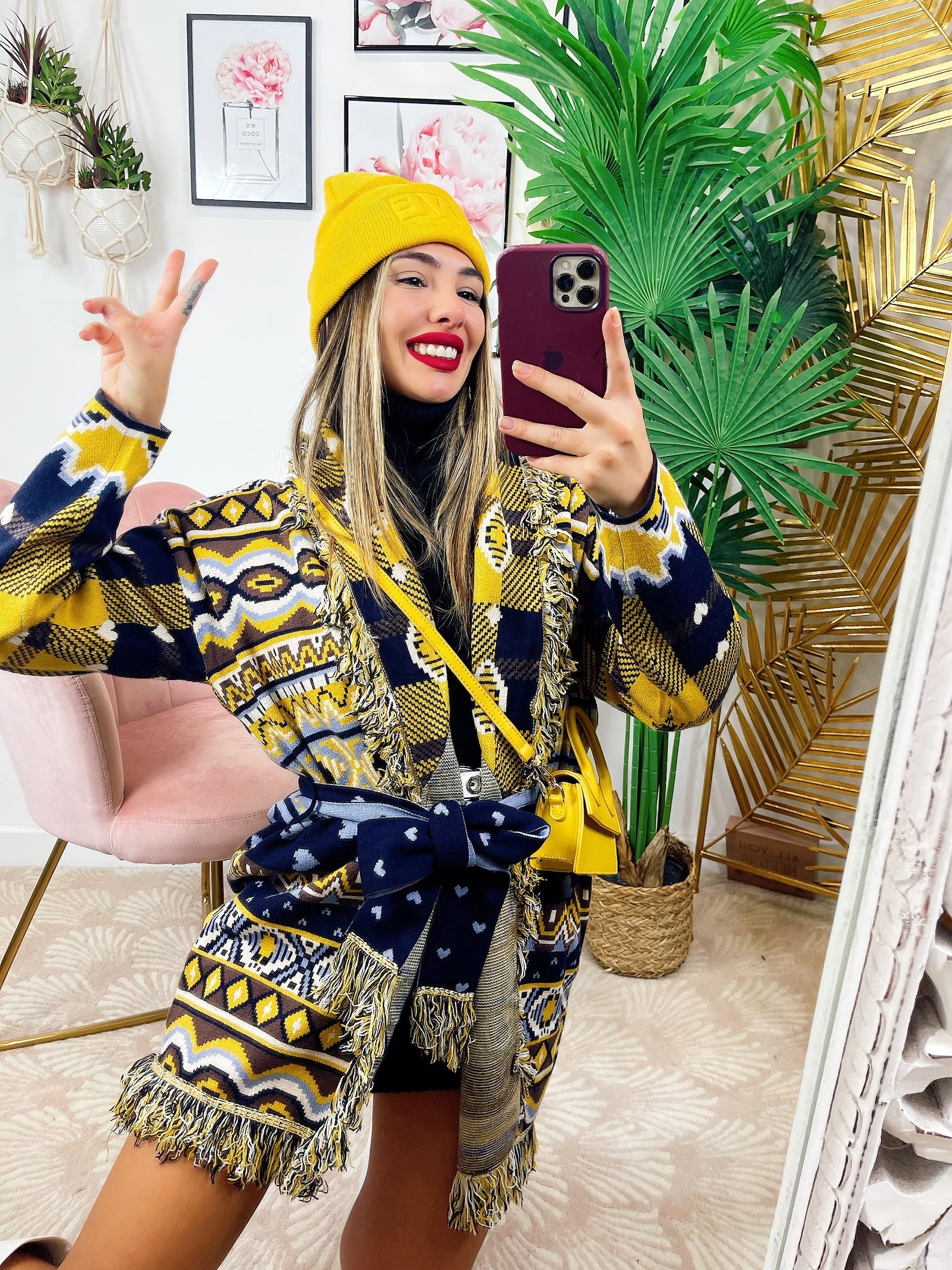 Cardigan con frange e cuori Giallo celeste