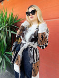 Cardigan Camel/Black con frange e cinta