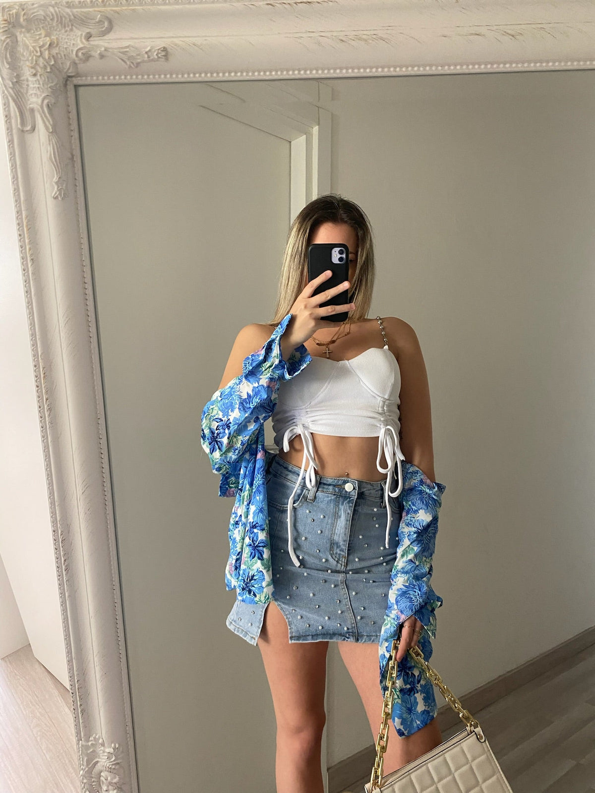 Gonna in jeans con strass e perle