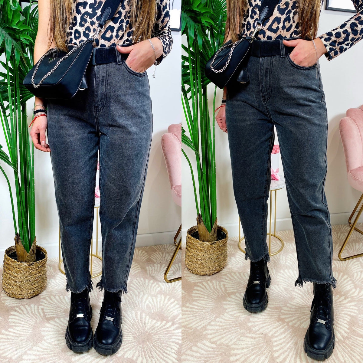Jeans scuro con cintura sfrangiato
