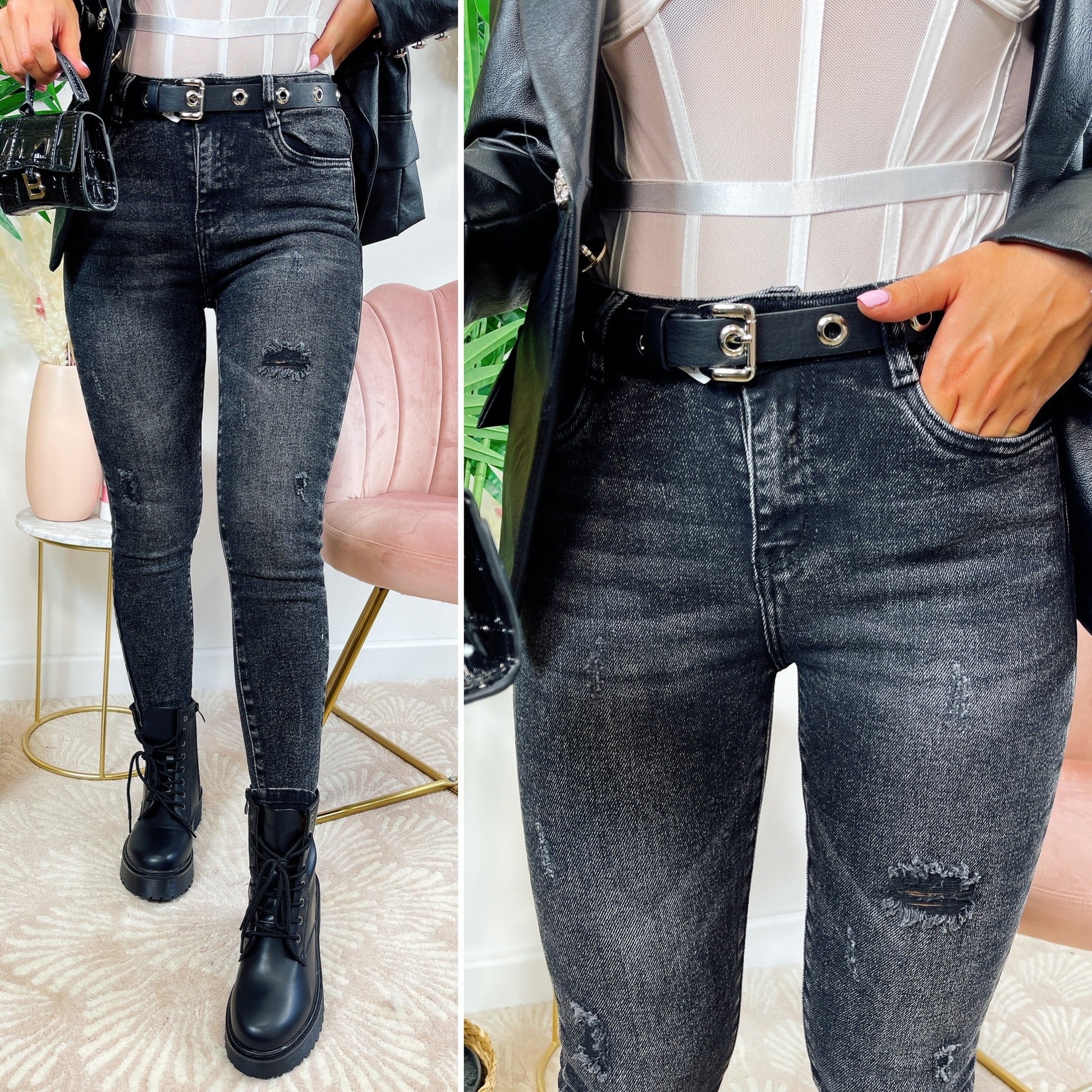 jeans nero/grigio con strappi