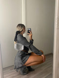 Completo giacca crop e short glitter argento