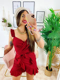 Abito corto bordeaux con gonna incrociata