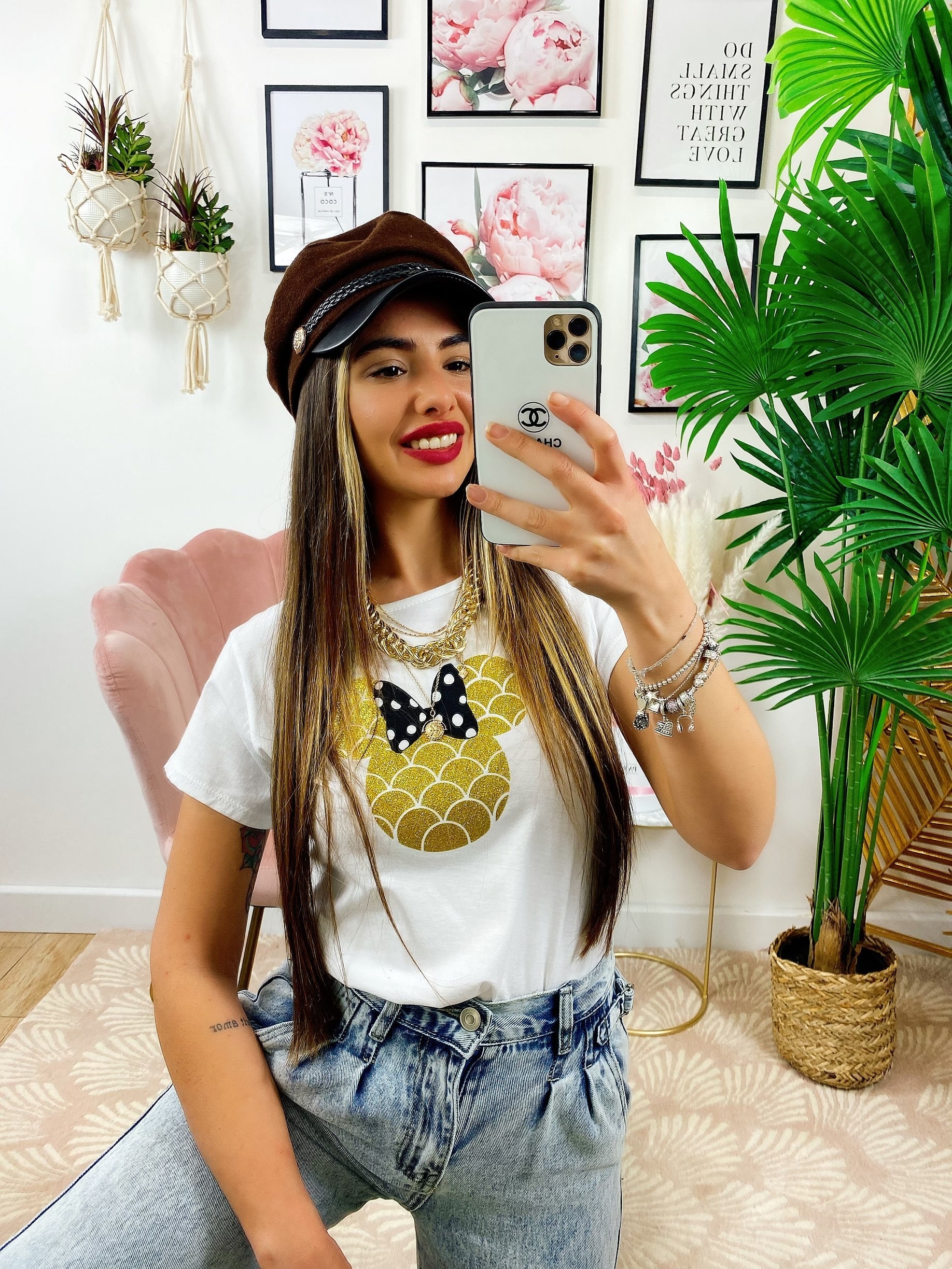 T-shirt con stampa glitter oro