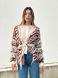 Cardigan zebrato beige con frange e cinta