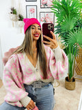 Cardigan maculato rosa con gioiello