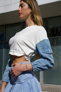 Felpa crop jeans bianca