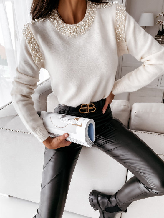 Maglione ricamato con perle panna
