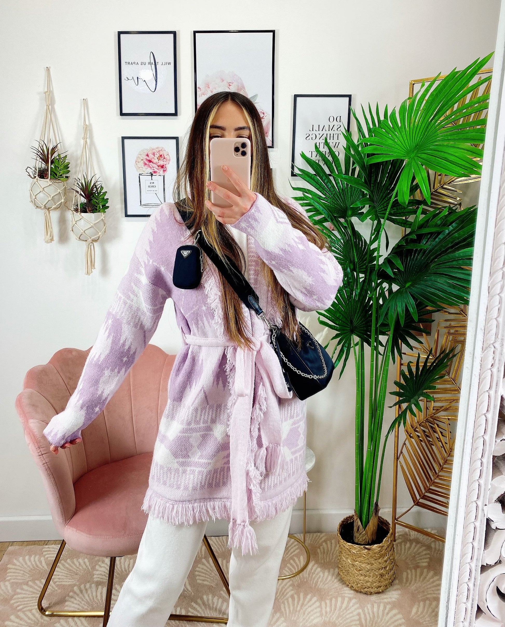 Cardigan con frange e cinta glicine alta qualità
