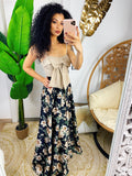 Maxi gonna in raso con fiori beige