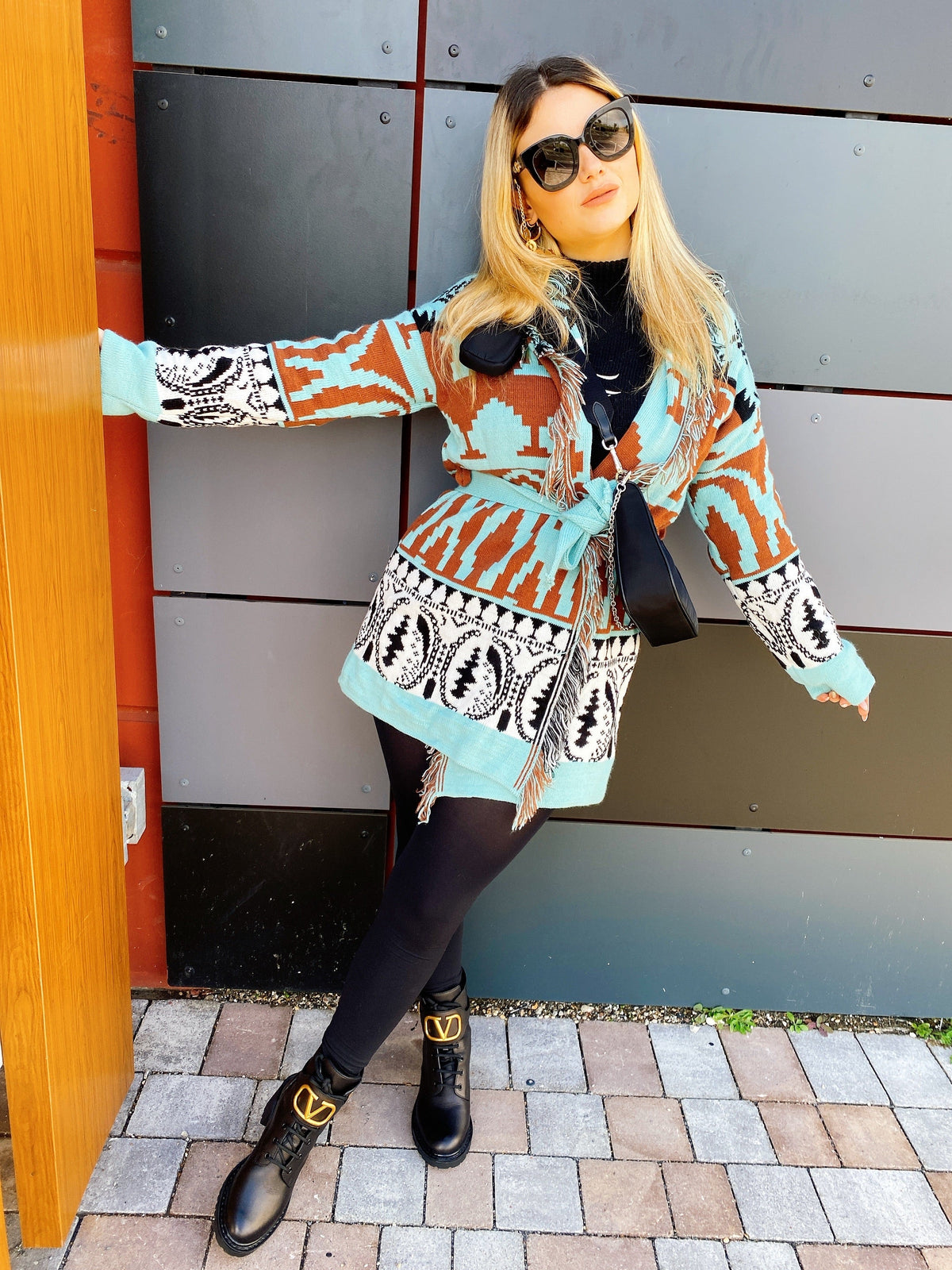 Cardigan Verdeacqua con frange e cinta