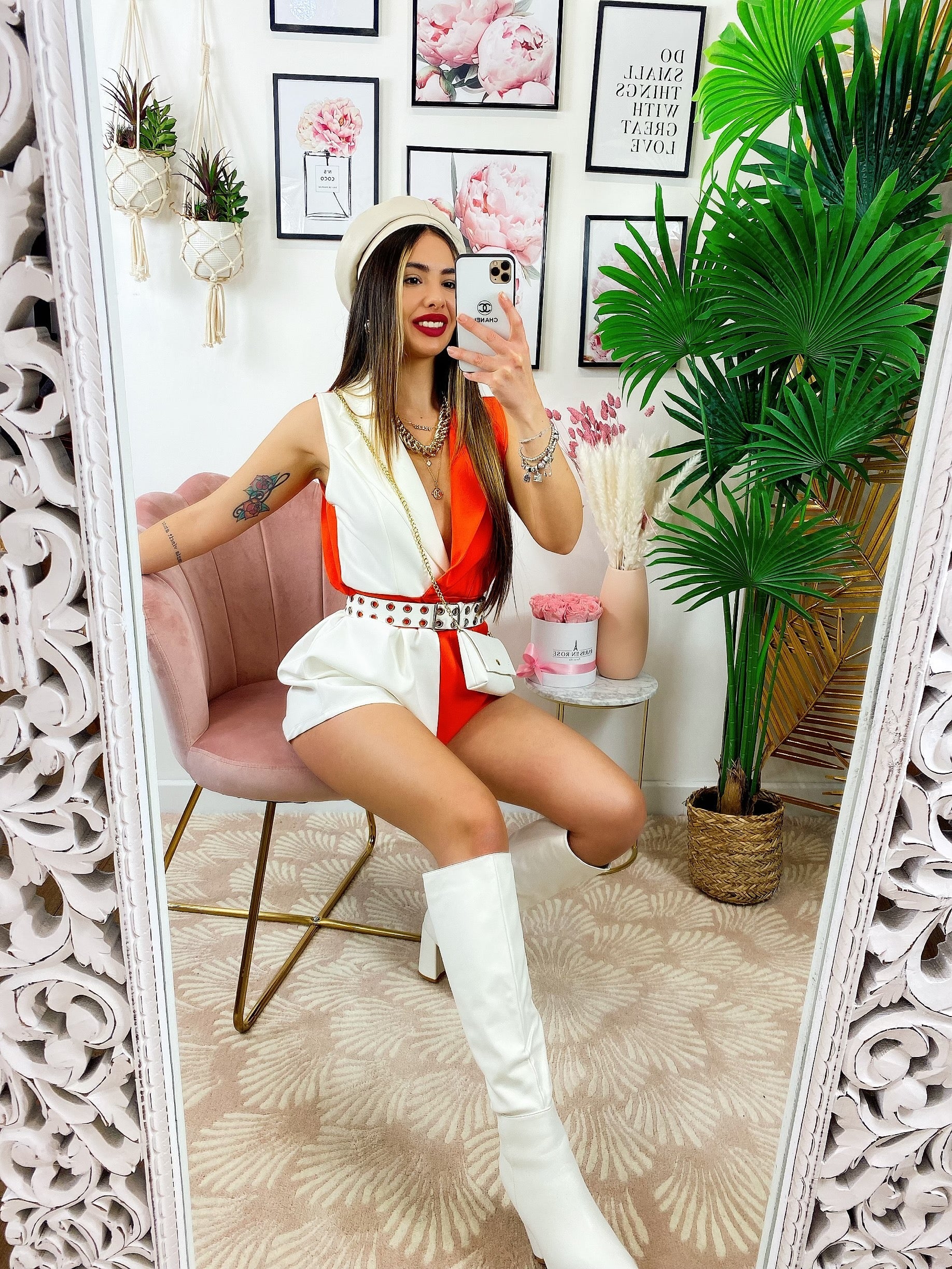 Tutina a Blazer bicolor con borsetta bianco Arancio