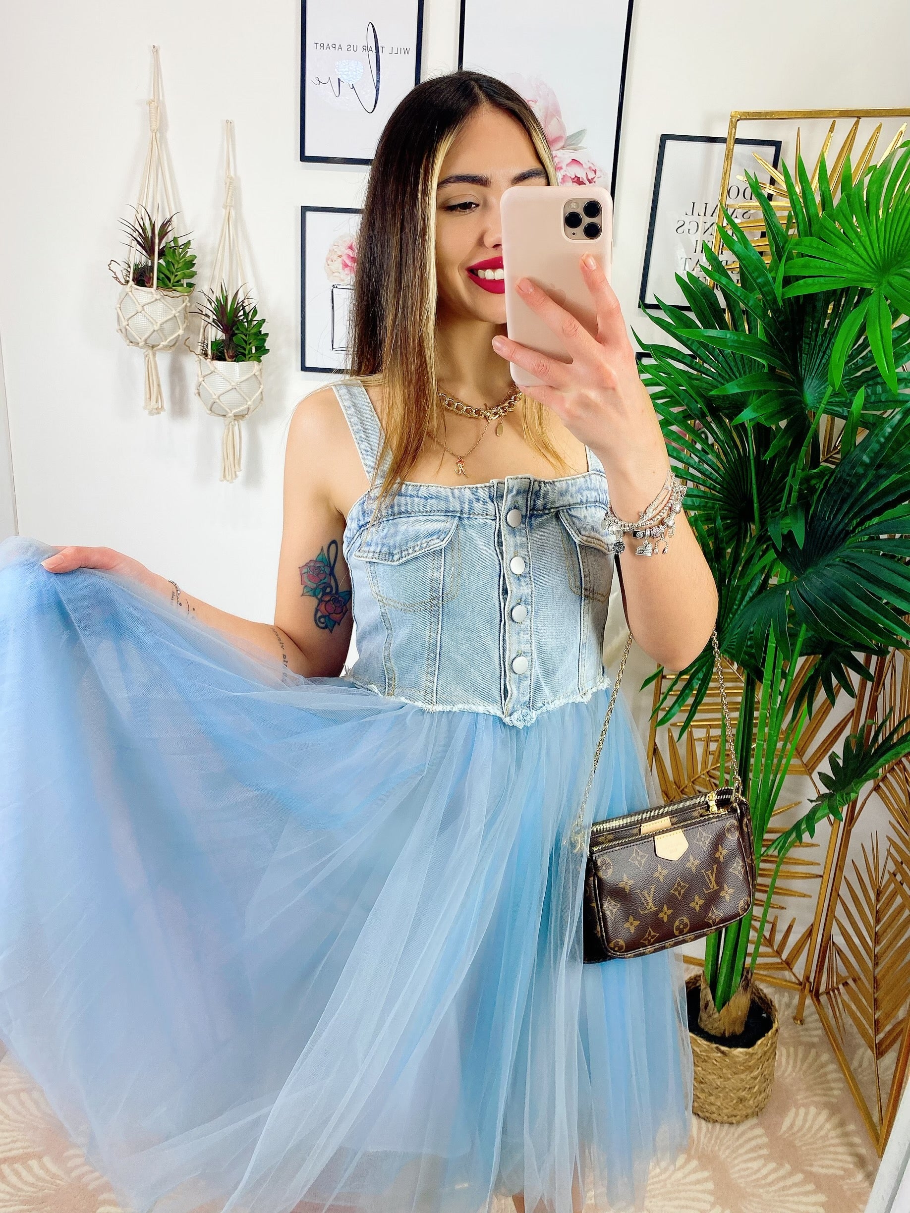 Abito in Tulle con dettagli in  jeans
