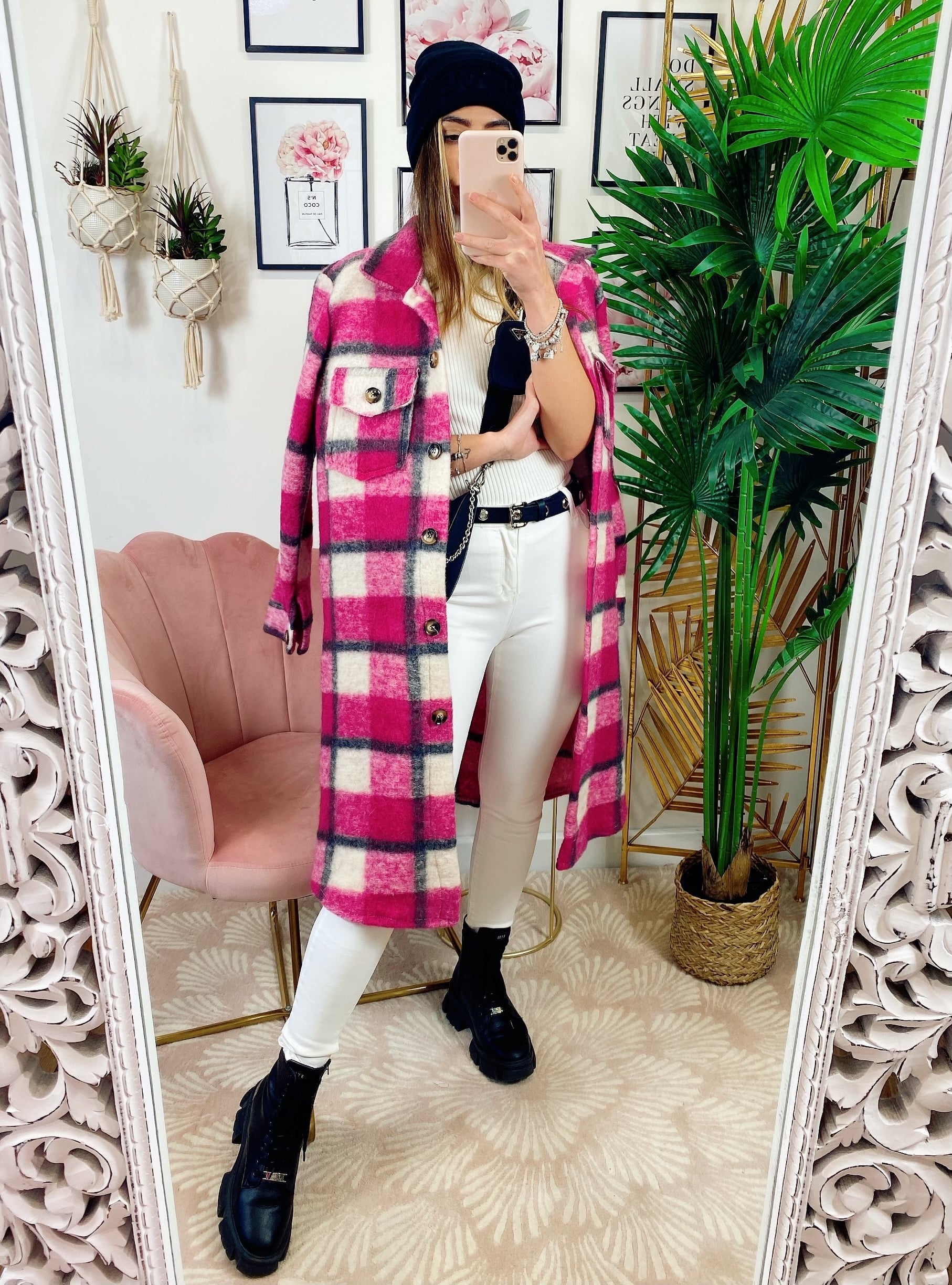 Giacca a quadri lunga Fucsia