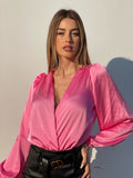 Body in raso scollo a V rosa barbie