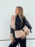 Giaccone nero/beige con cintura
