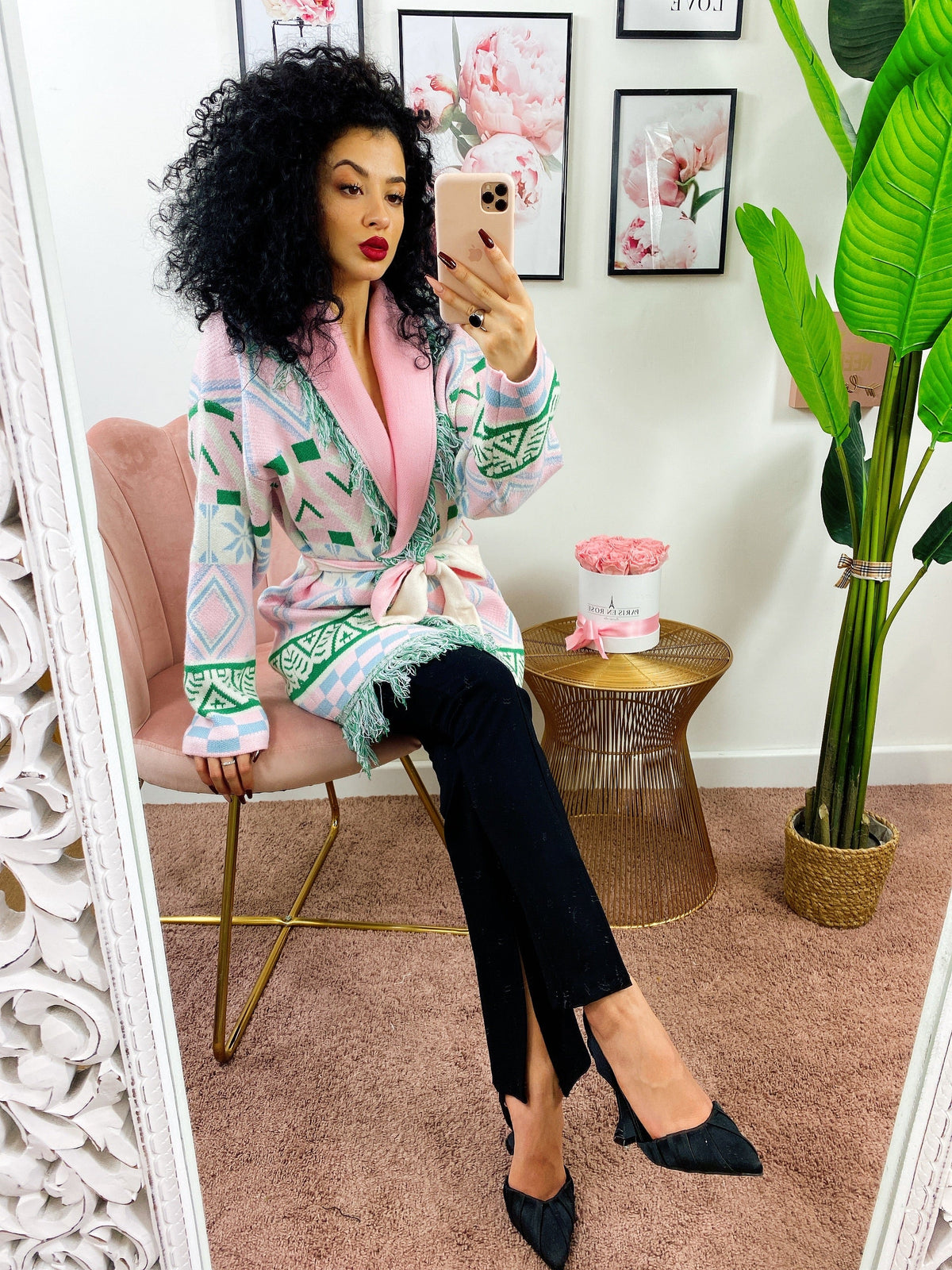 Cardigan frange e cinta rosa e verde