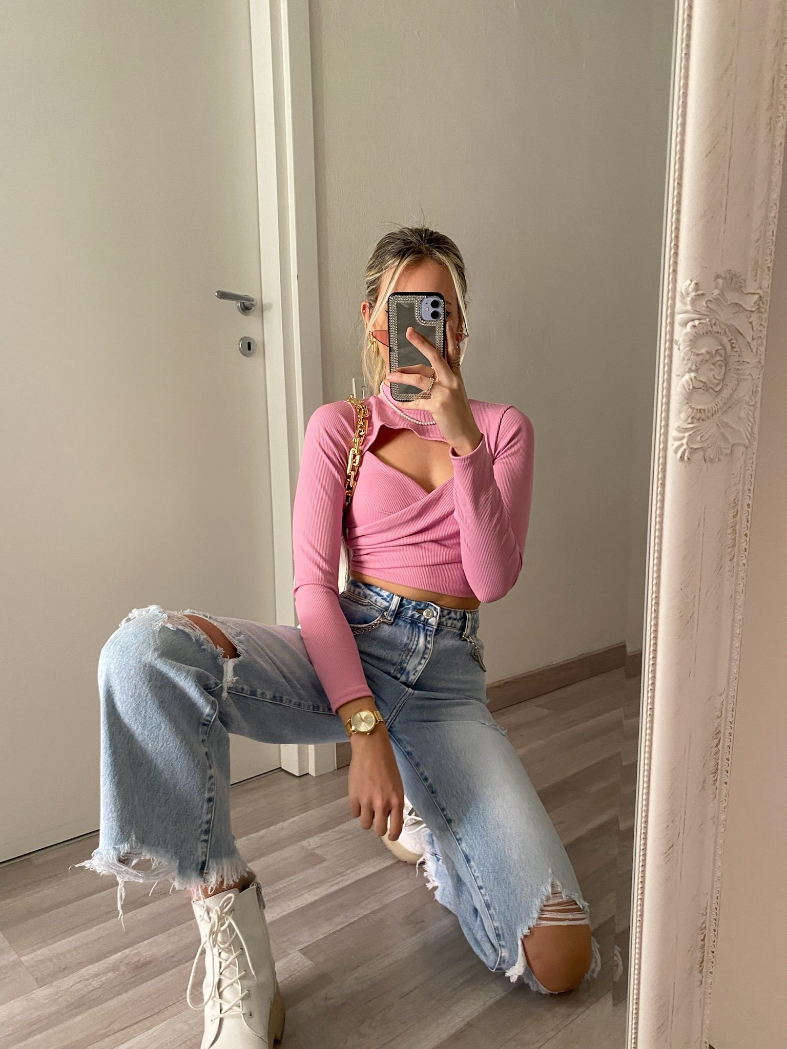Top a costine rosa