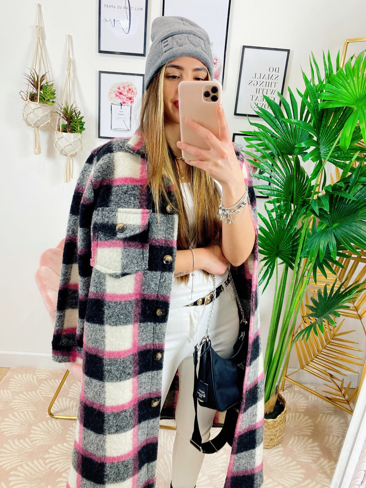 Giacca a quadri lunga Black dettaglio fucsia