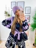 Cardigan lilla con frange e cinta