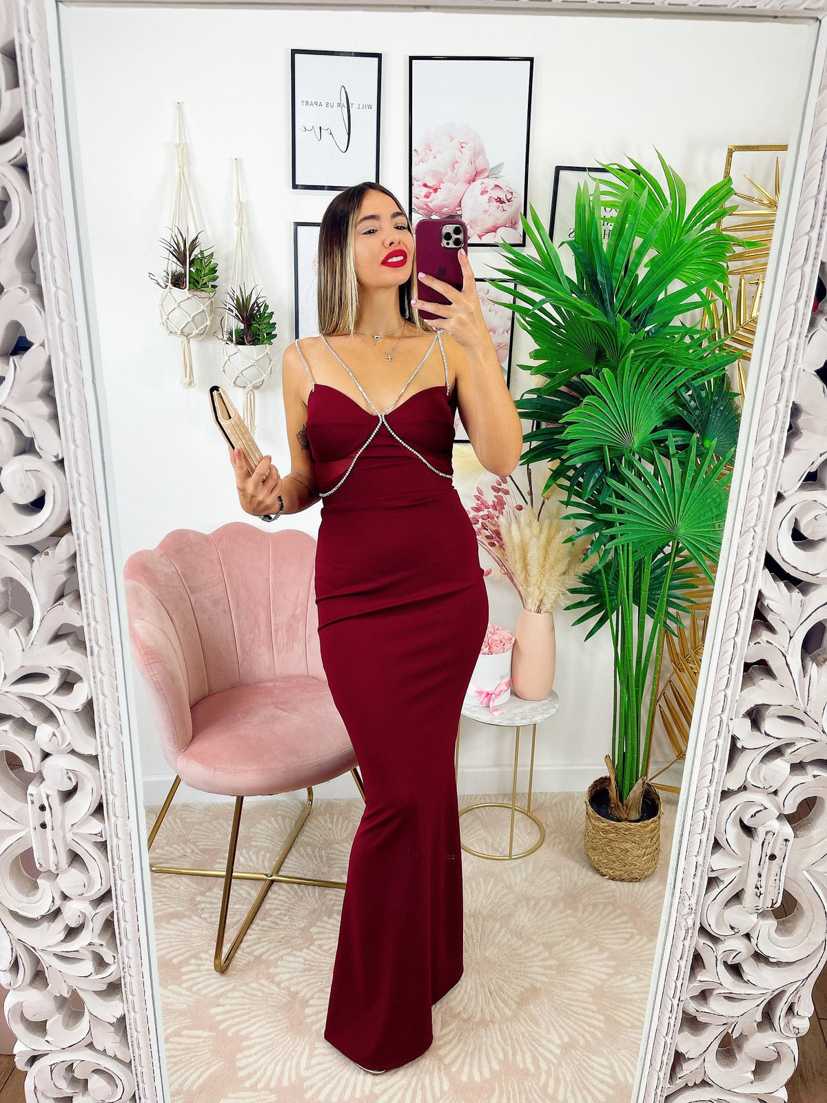 Abito lungo con dettaglio in strass Bordeaux