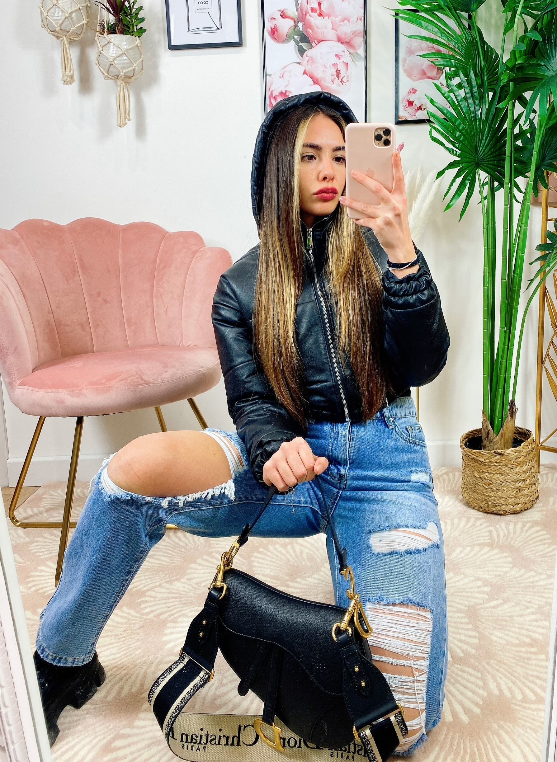 Bomber crop in ecopelle Nero