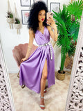 Abito midi raso con maxi spacco lilla