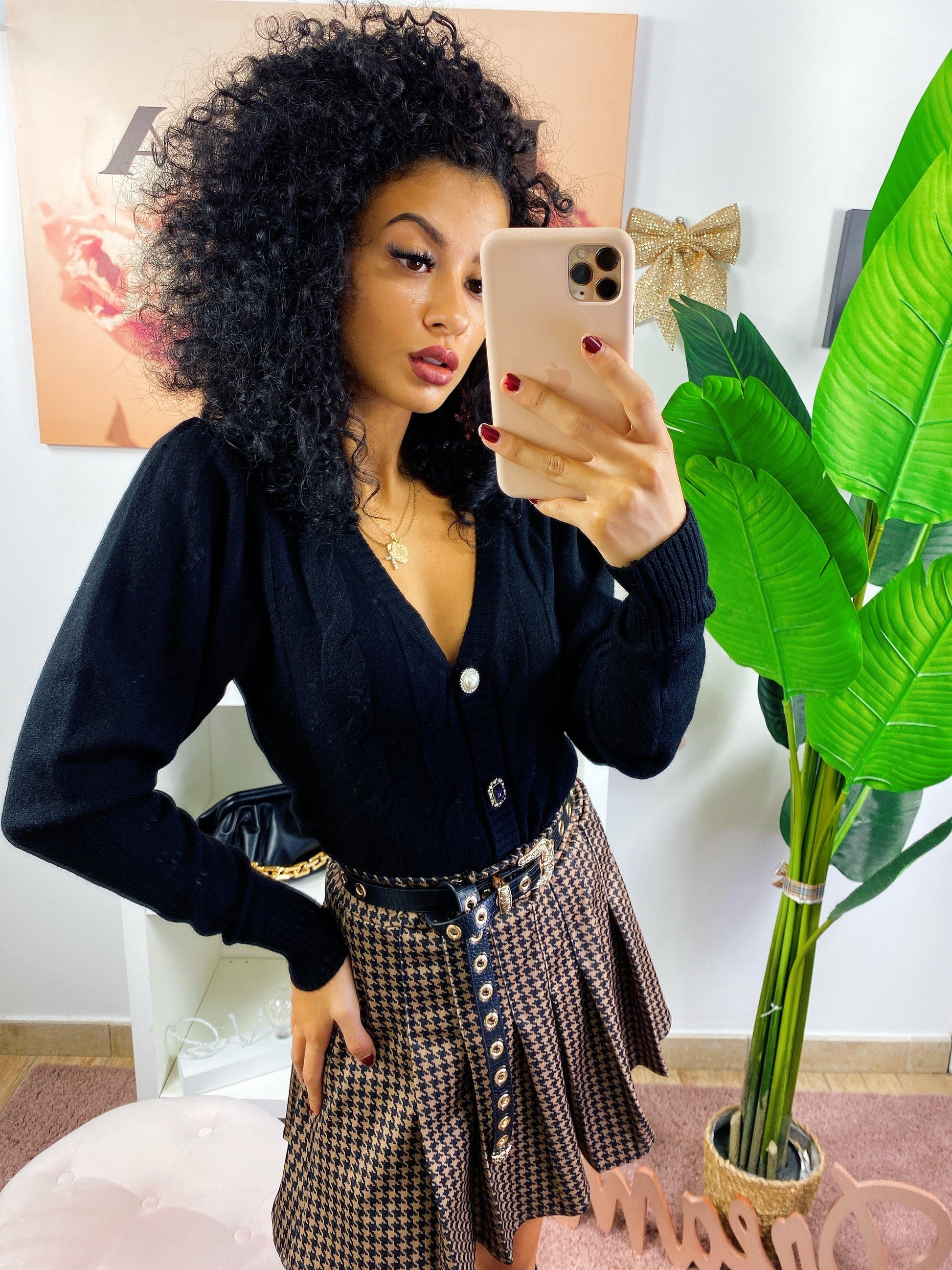 Gonna a pieghine pied de poule camel e nero