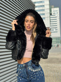 Giaccone in ecopelle nero con pelo
