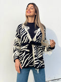 Cardigan zebrato nero con frange e cinta