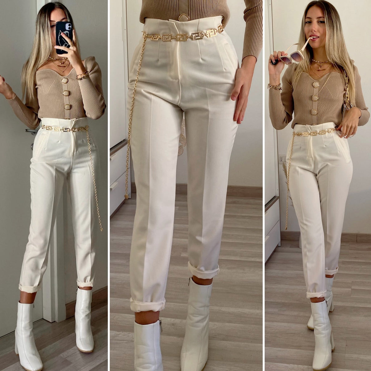 Pantalone vita alta panna