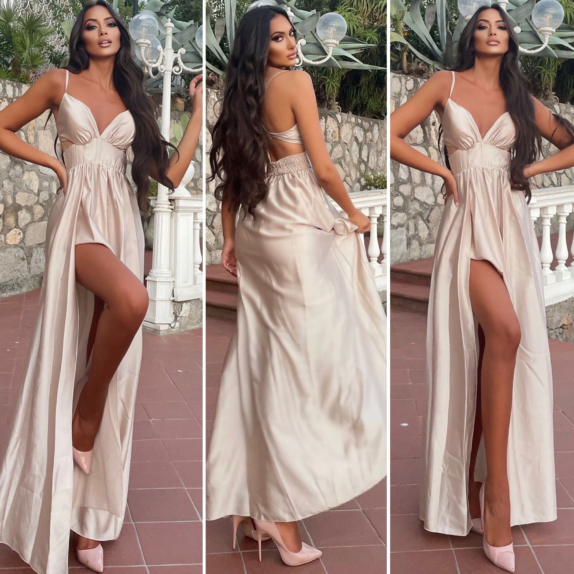 Abito in raso beige con spacco