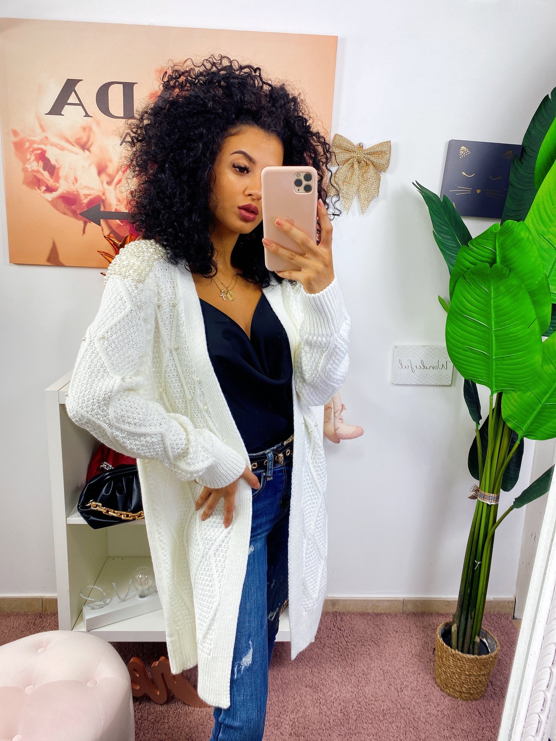 Cardigan lungo con perle