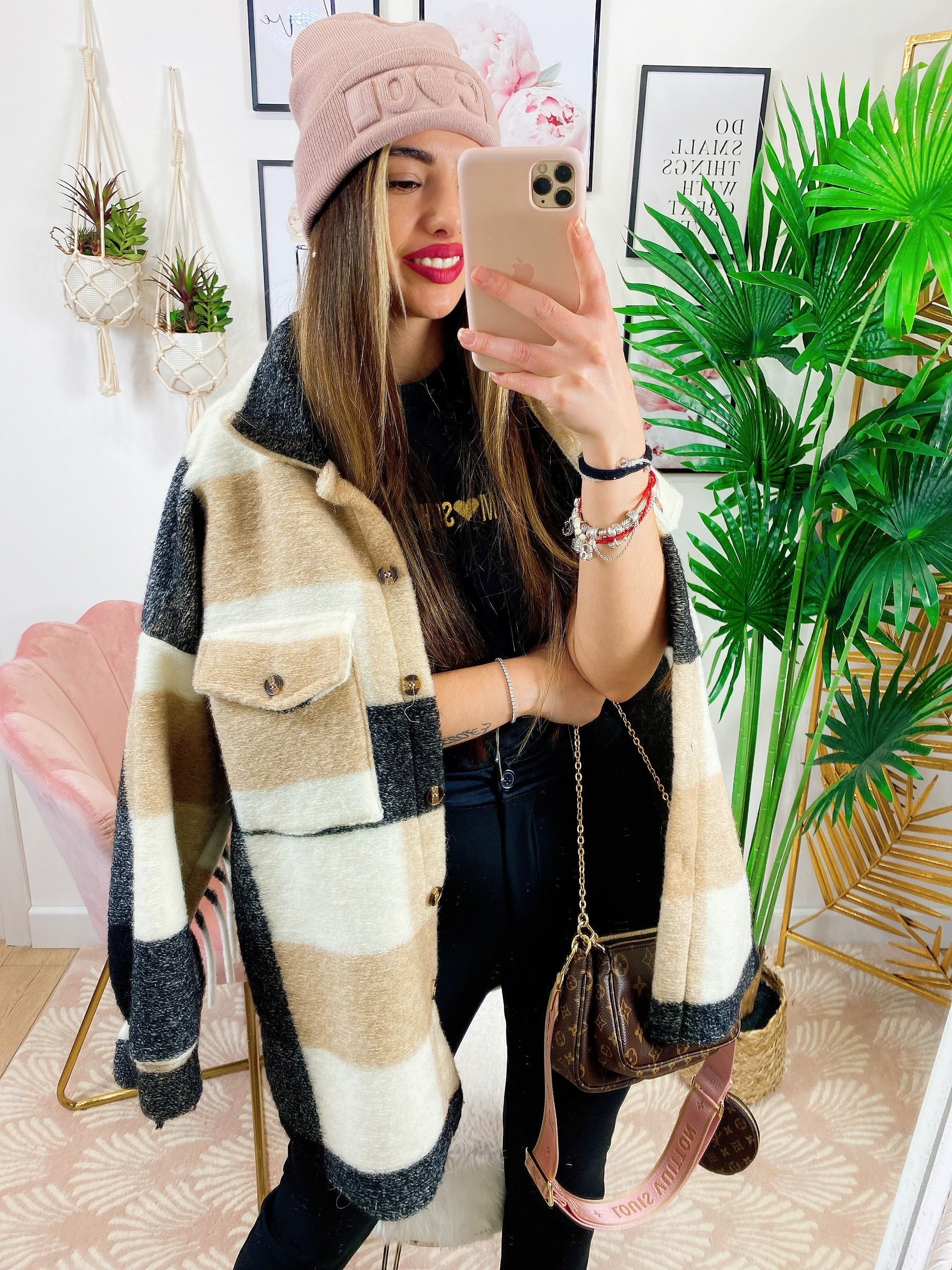 Giacca a quadri Beige con frange
