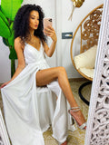 Abito in raso con maxi spacco bianco