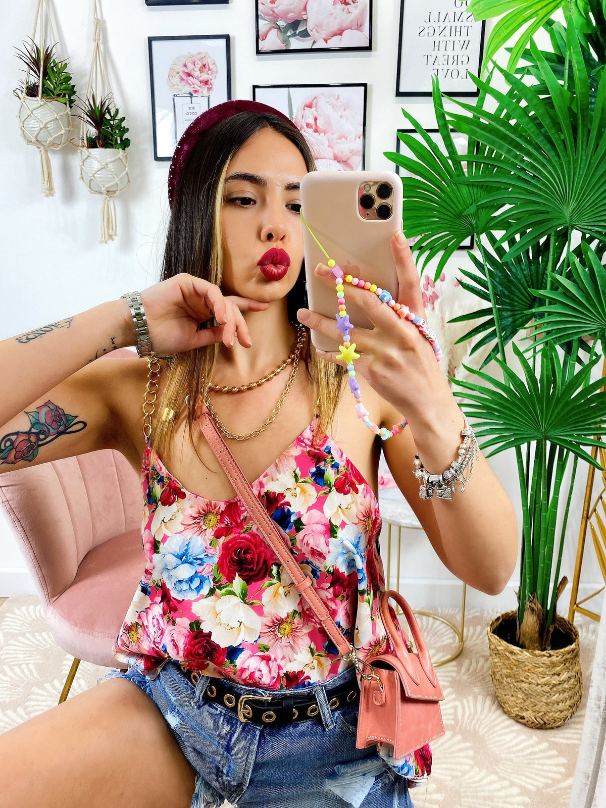 maglia floreale con catena base Rosa