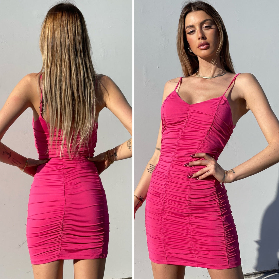 Abito aderente arricciato Fuxia