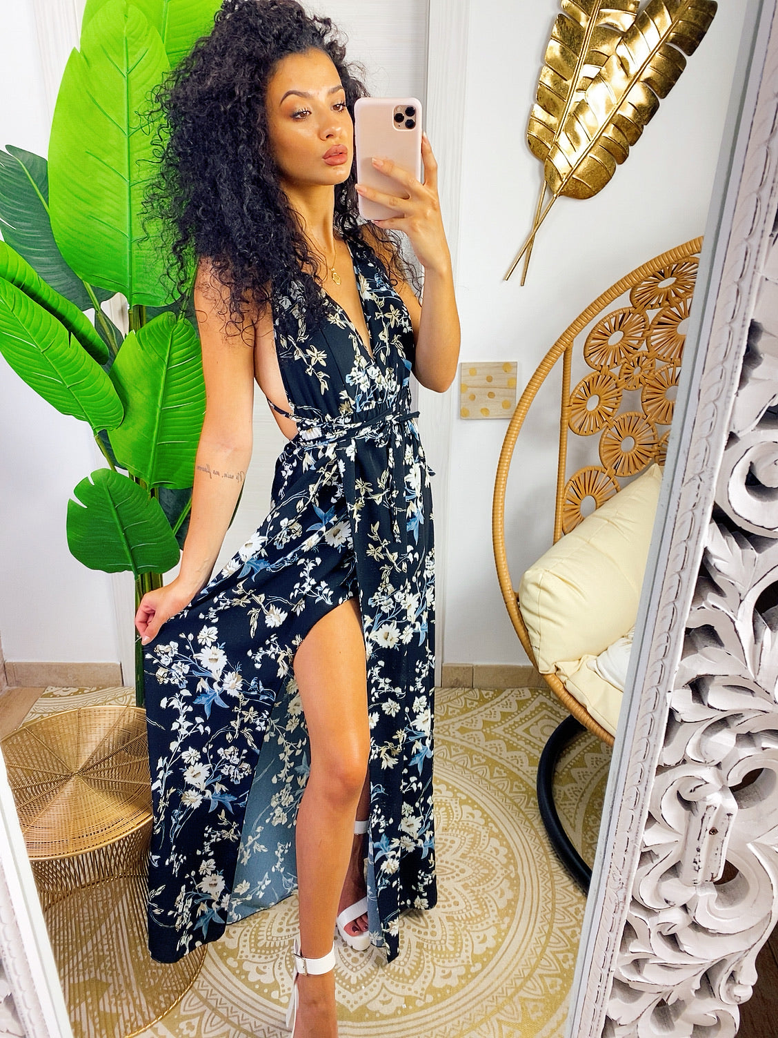 Abito Afrodite con fiori Nero