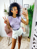 T-Shirt con perle e spalline bombate