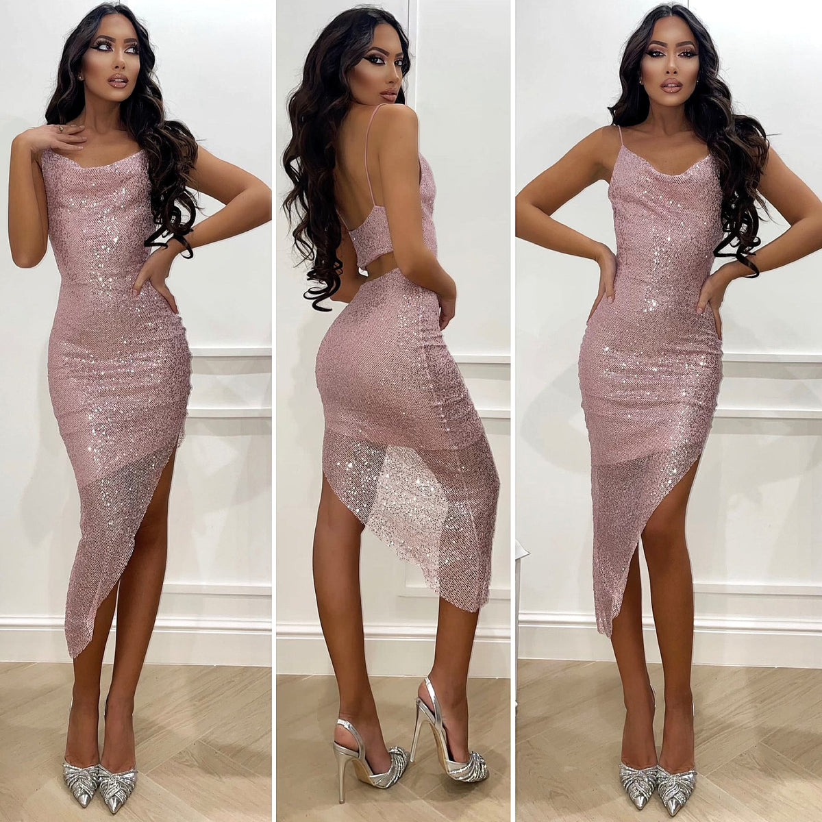 Abito midi rosa con paillettes