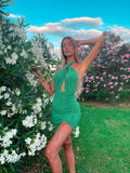 Abito aderente incrocio sul collo verde