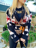 Cardigan corto frange e cinta con cavallo nero