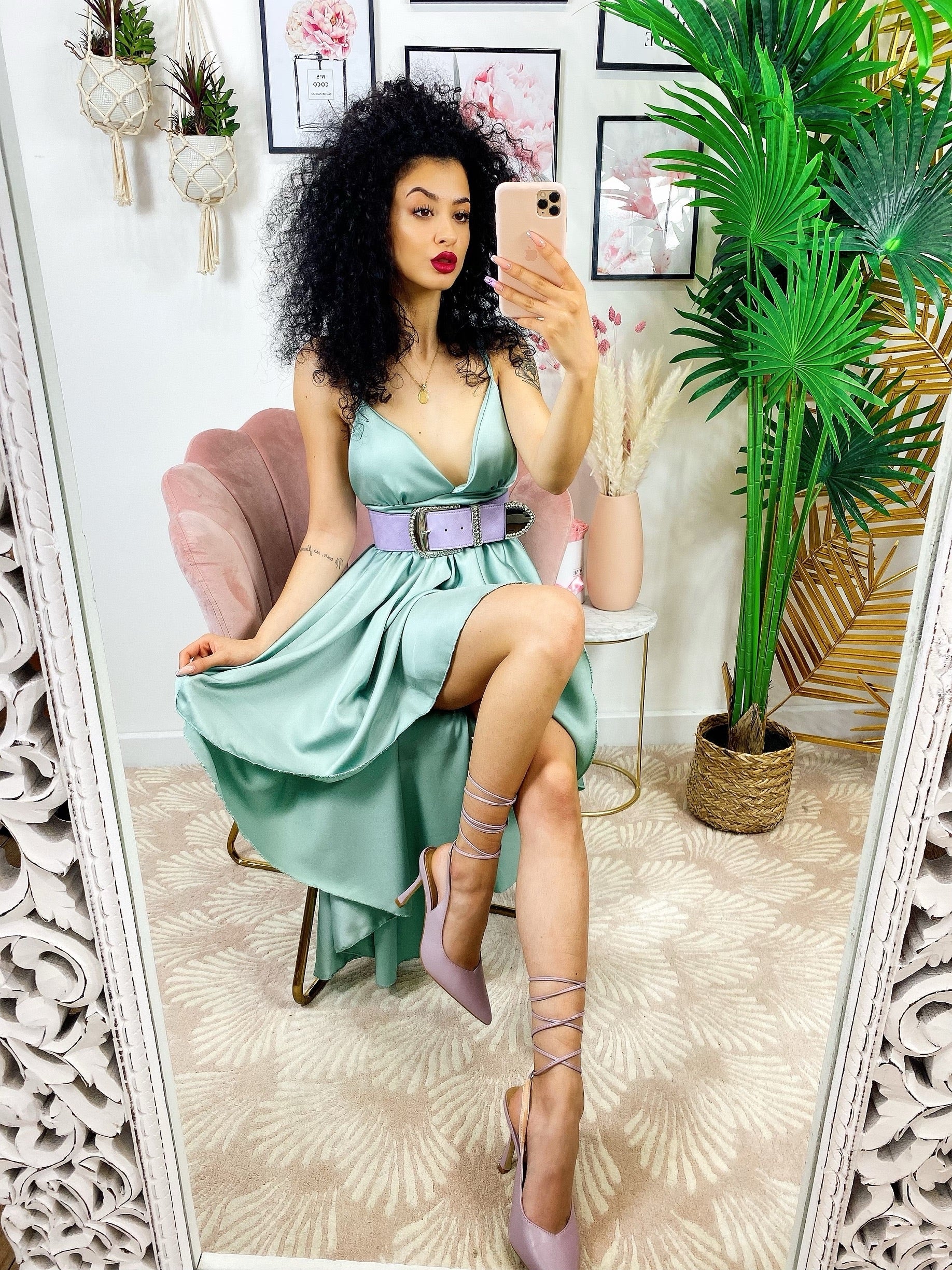 Abito in raso con gonna asimmetrica verdeacqua