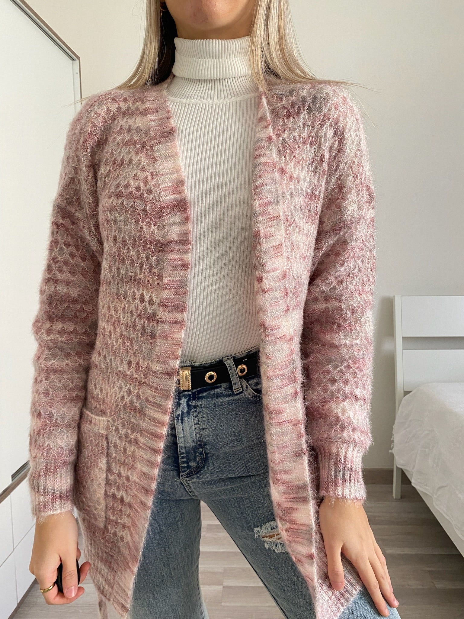 Cardigan morbido con cintura sfumature lilla