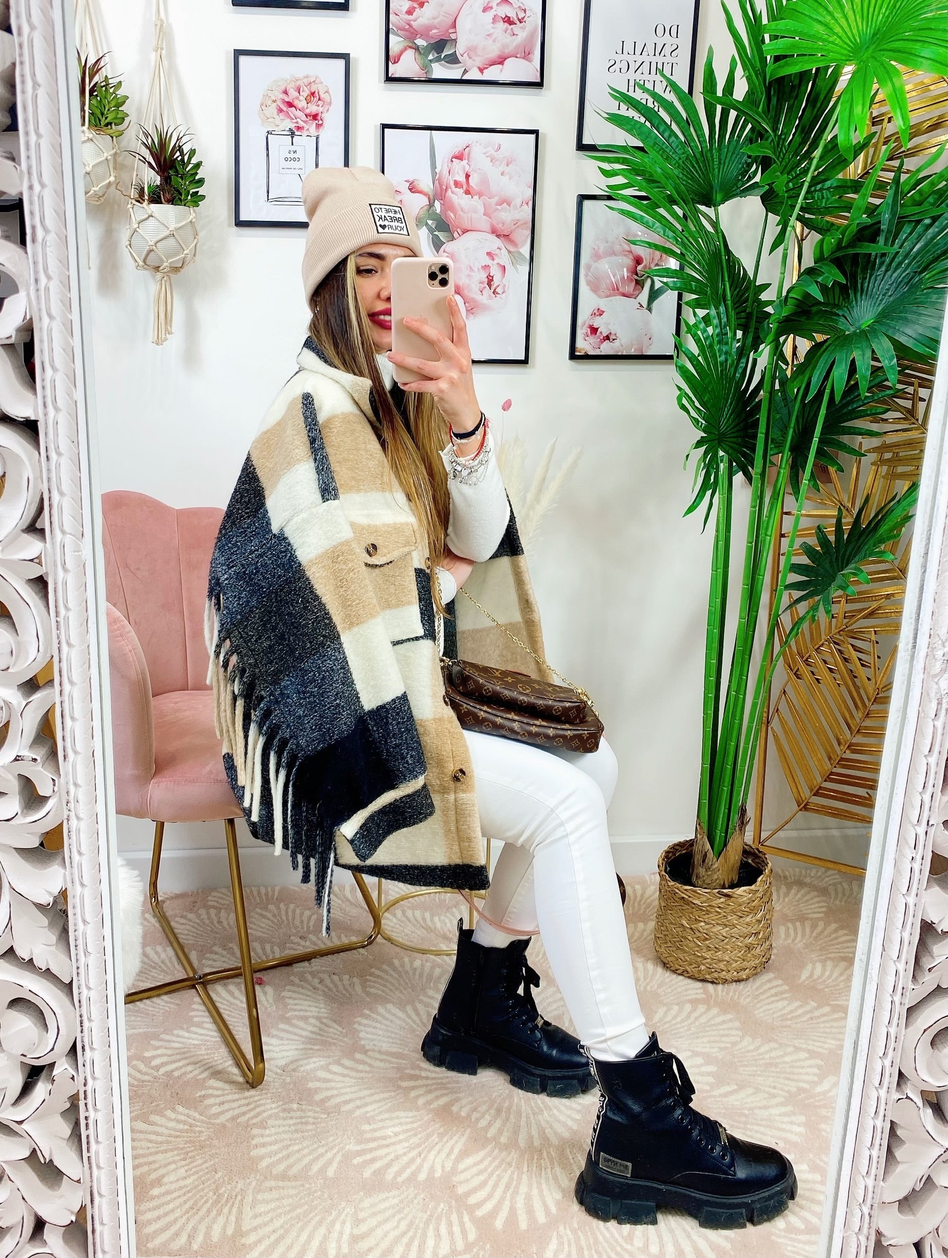 Giacca a quadri Beige con frange