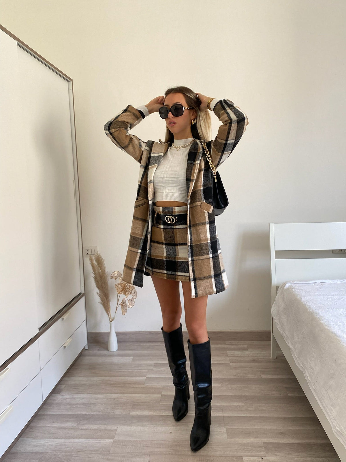 Cappotto check Camel nero