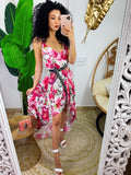 Abito con gonna asimmetrica e fiorellini Fuxia base bianco