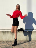 Abito rosso nero con bottoncini oro