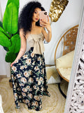 Maxi gonna in raso con fiori beige